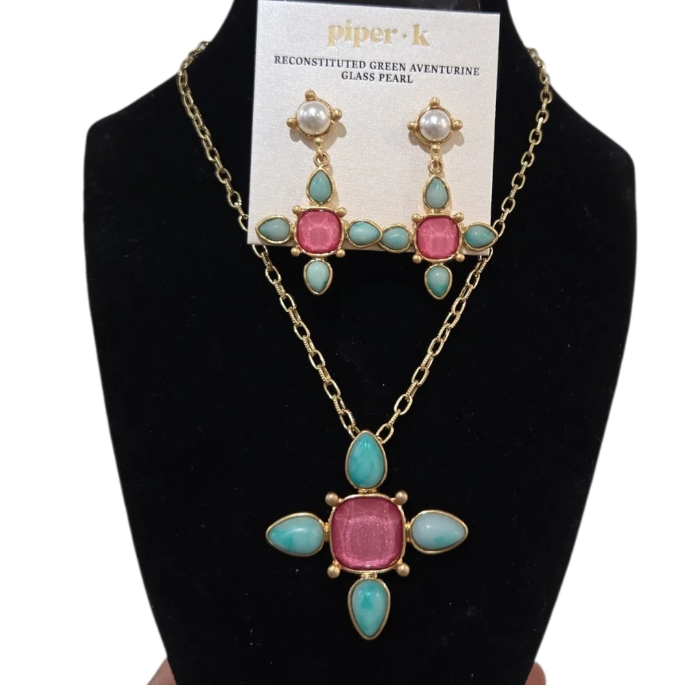 💕▪️Piper K ▪️ Reconstituted Gold Tike Green Aventurine  Earrings Necklace Set